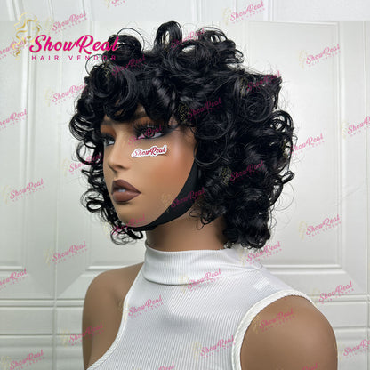 ShowReal Curly Bob Wigs With Bangs Coco Bounce Bob Wig Short Curly Wigs Human Hair for Black Women Glueless (032-1B)