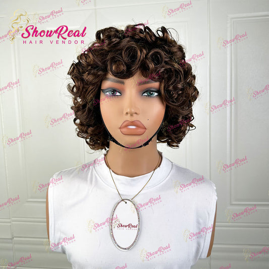 ShowReal Curly Bob Wigs With Bangs Coco Bounce Bob Wig Short Curly Wigs Human Hair for Black Women Glueless (032-1B)