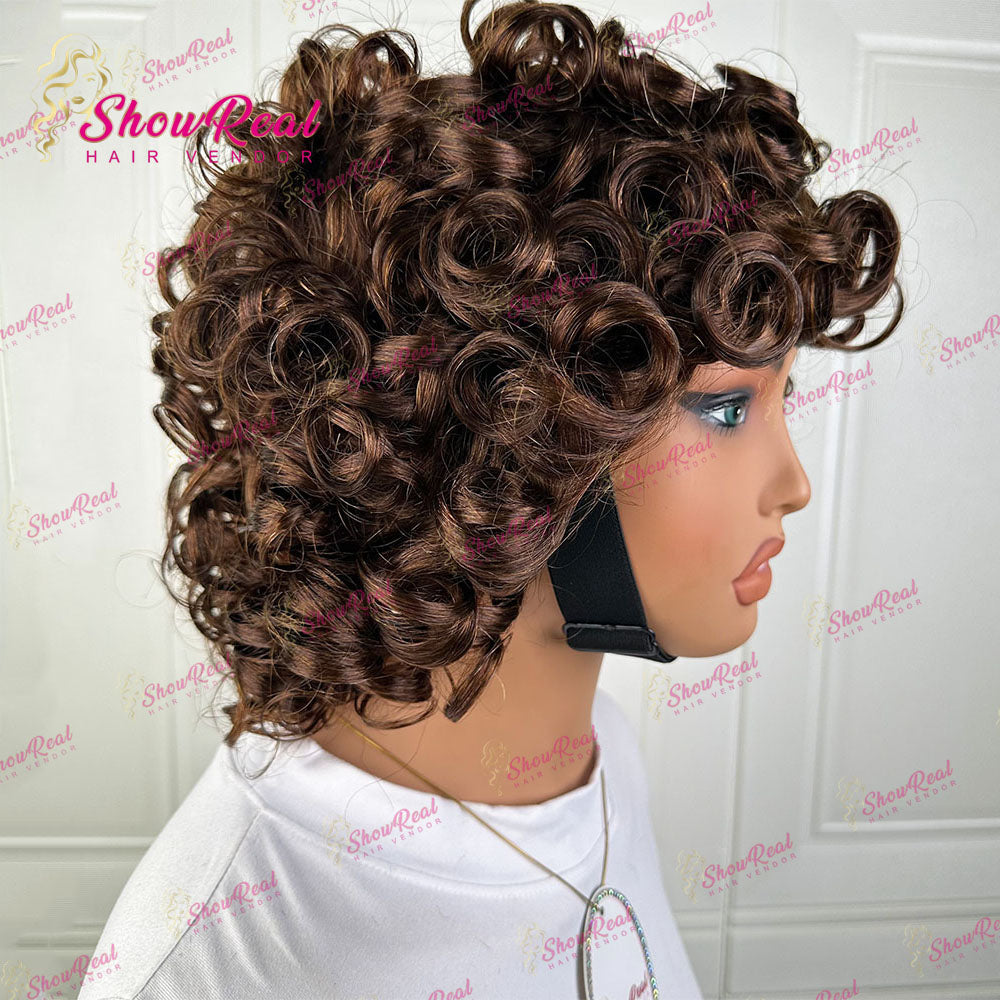 ShowReal Curly Bob Wigs With Bangs Coco Bounce Bob Wig Short Curly Wigs Human Hair for Black Women Glueless (032-1B)
