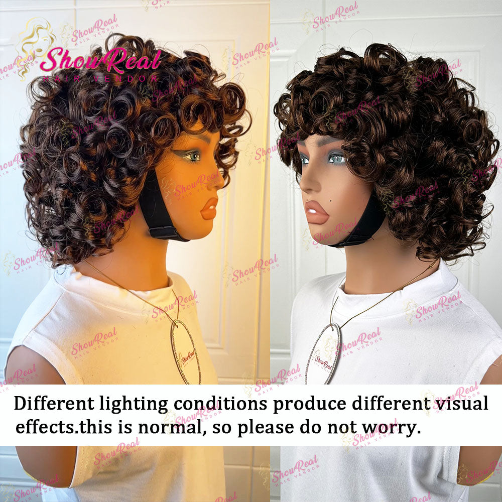ShowReal Curly Bob Wigs With Bangs Coco Bounce Bob Wig Short Curly Wigs Human Hair for Black Women Glueless (032-1B)