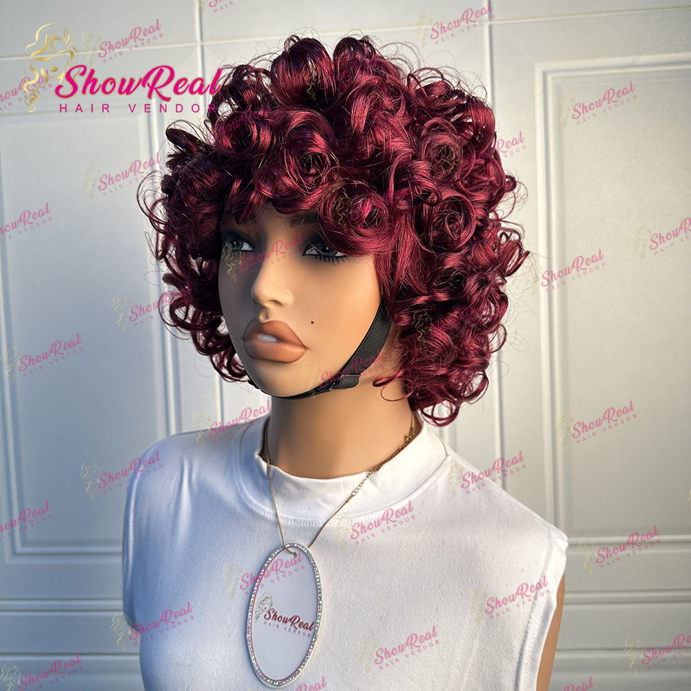 ShowReal Curly Bob Wigs With Bangs Coco Bounce Bob Wig Short Curly Wigs Human Hair for Black Women Glueless (032-1B)