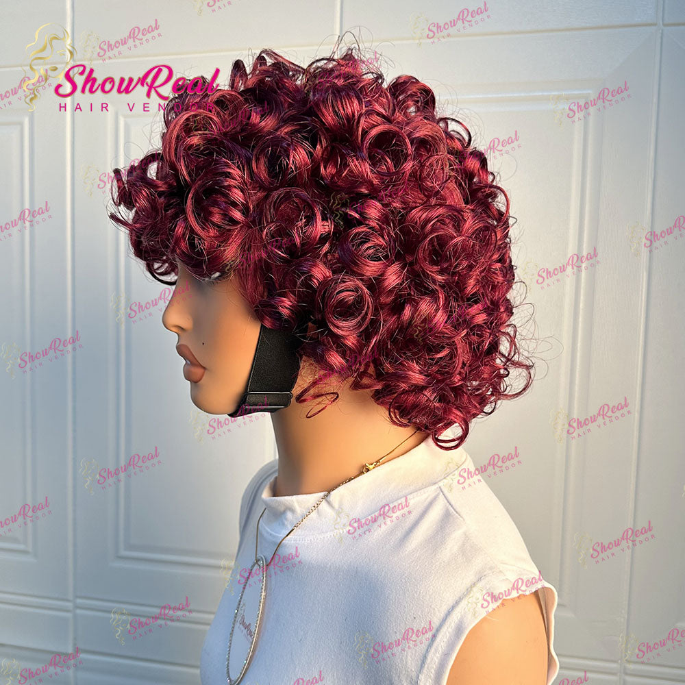 ShowReal Curly Bob Wigs With Bangs Coco Bounce Bob Wig Short Curly Wigs Human Hair for Black Women Glueless (032-1B)