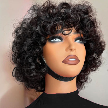 ShowReal Curly Bob Wigs With Bangs Coco Bounce Bob Wig Short Curly Wigs Human Hair for Black Women Glueless (032-1B)