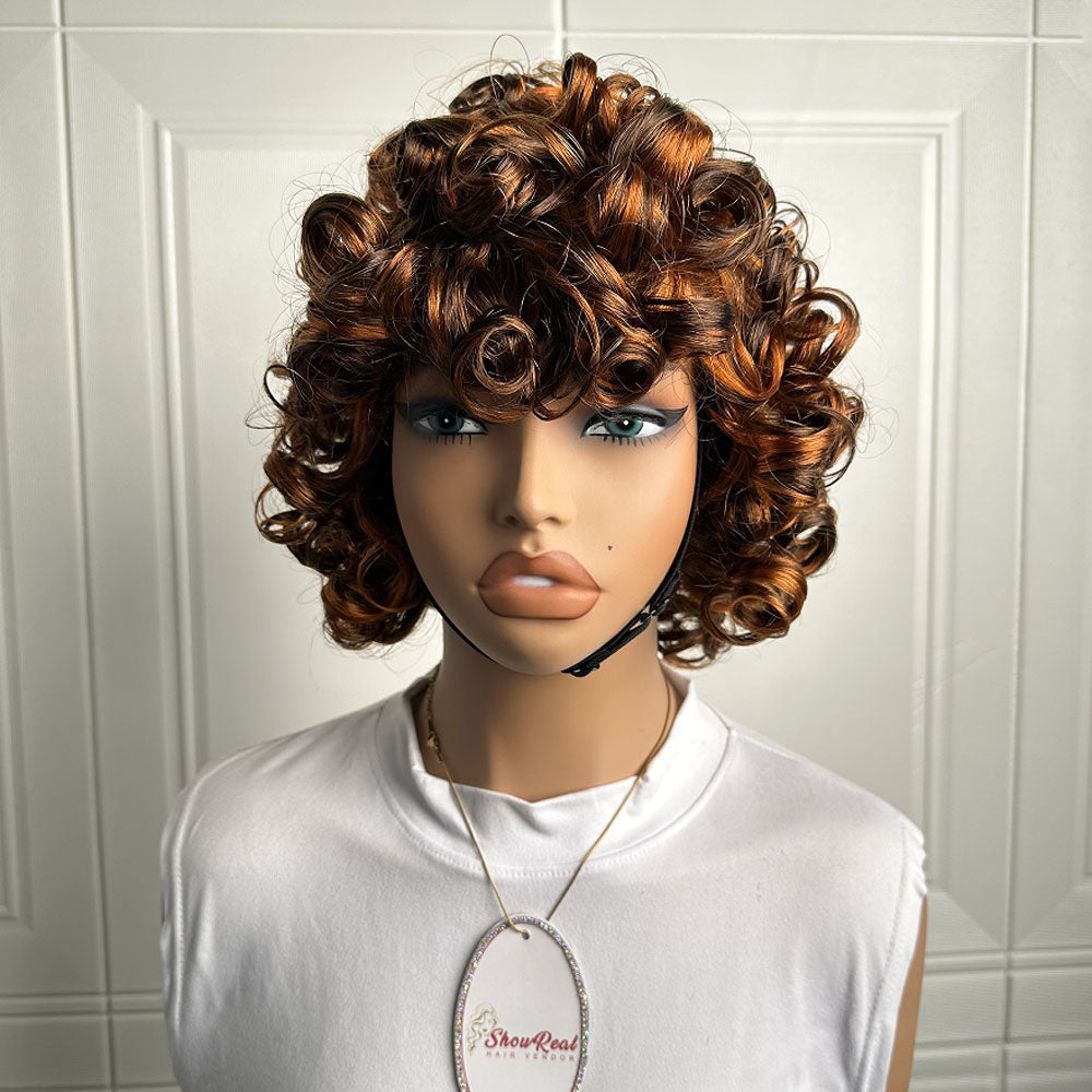 ShowReal Curly Bob Wigs With Bangs Coco Bounce Bob Wig Short Curly Wigs Human Hair for Black Women Glueless (032-1B)