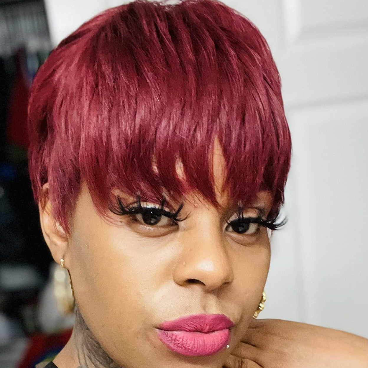 Showreal Short Pixie Wigs Human Hair for Black Women Pixie Cut Wig Human Hair Brazilian Virgin Short 99J Burgundy Wigs Glueless Human Hair Layered Cut Wig Red Wig for Women(036-99J)