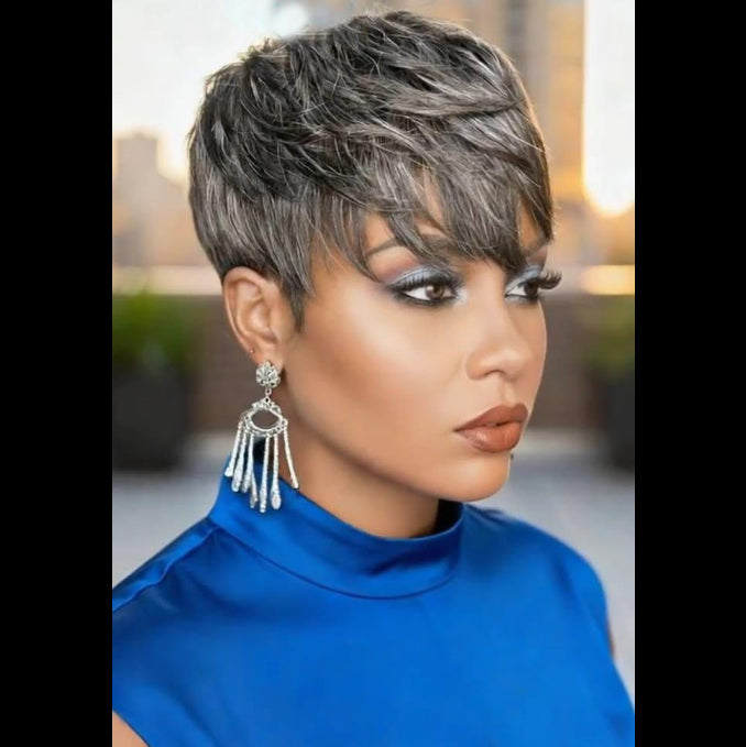 Showreal Pixie Cut Wigs Human Hair for Black Women Grey Color Short Pixie Cut Wigs Lightweight Glueless Natural Black Layered Pixie Wig(036-Grey)