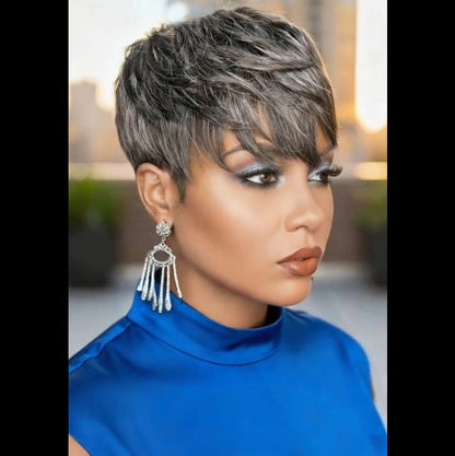 Showreal Pixie Cut Wigs Human Hair for Black Women Grey Color Short Pixie Cut Wigs Lightweight Glueless Natural Black Layered Pixie Wig(036-Grey)