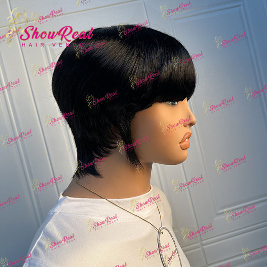 Showreal Blunt Cut Pixie Cut Human Hair Wigs for Black Women Glueless Wigs Full Machine Made（0501-Blunt-1B）