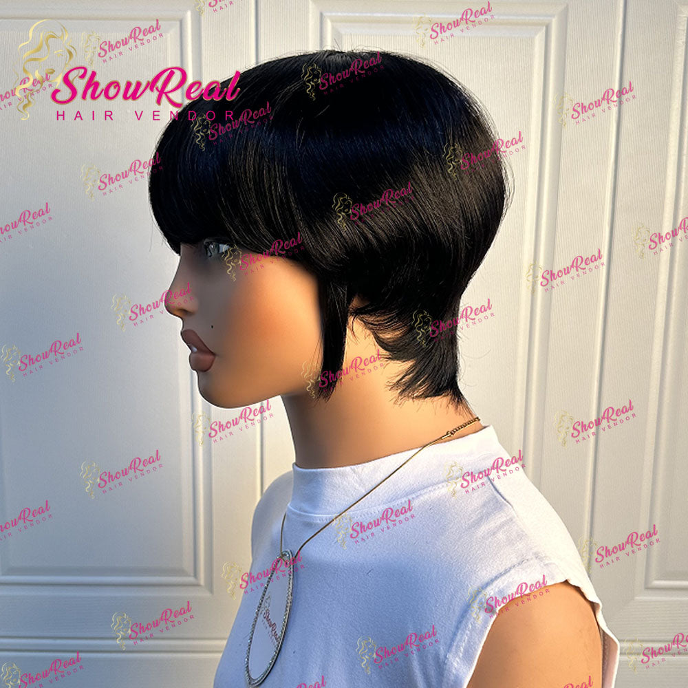 Showreal Blunt Cut Pixie Cut Human Hair Wigs for Black Women Glueless Wigs Full Machine Made（0501-Blunt-1B）