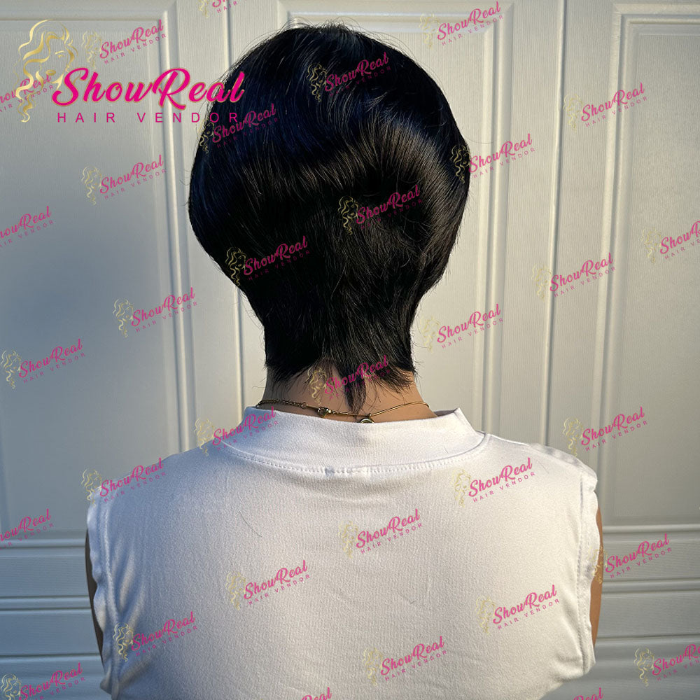 Showreal Blunt Cut Pixie Cut Human Hair Wigs for Black Women Glueless Wigs Full Machine Made（0501-Blunt-1B）