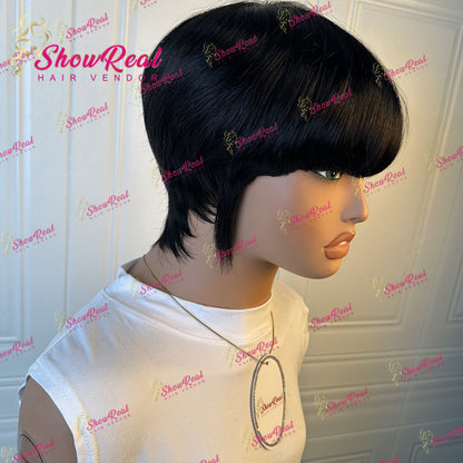 Showreal Blunt Cut Pixie Cut Human Hair Wigs for Black Women Glueless Wigs Full Machine Made（0501-Blunt-1B）