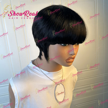 Showreal Blunt Cut Pixie Cut Human Hair Wigs for Black Women Glueless Wigs Full Machine Made（0501-Blunt-1B）