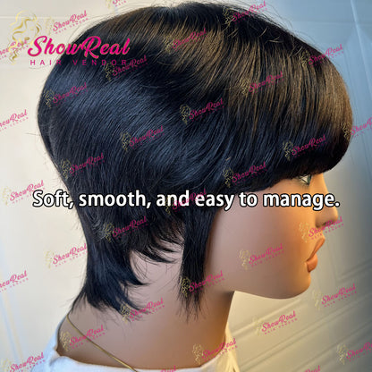 Showreal Blunt Cut Pixie Cut Human Hair Wigs for Black Women Glueless Wigs Full Machine Made（0501-Blunt-1B）