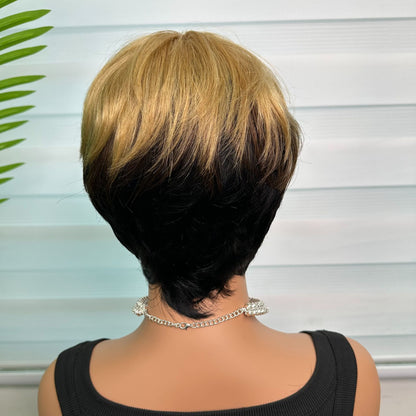 Showreal 1B/4/27 Ombre Blonde Color Pixie Cut for Women Blonde Pixie Cut Wig Brazilian Virgin Human Hair Short Striaght Wigs 180% Density Gluless Wig (0502-1B/4/27)