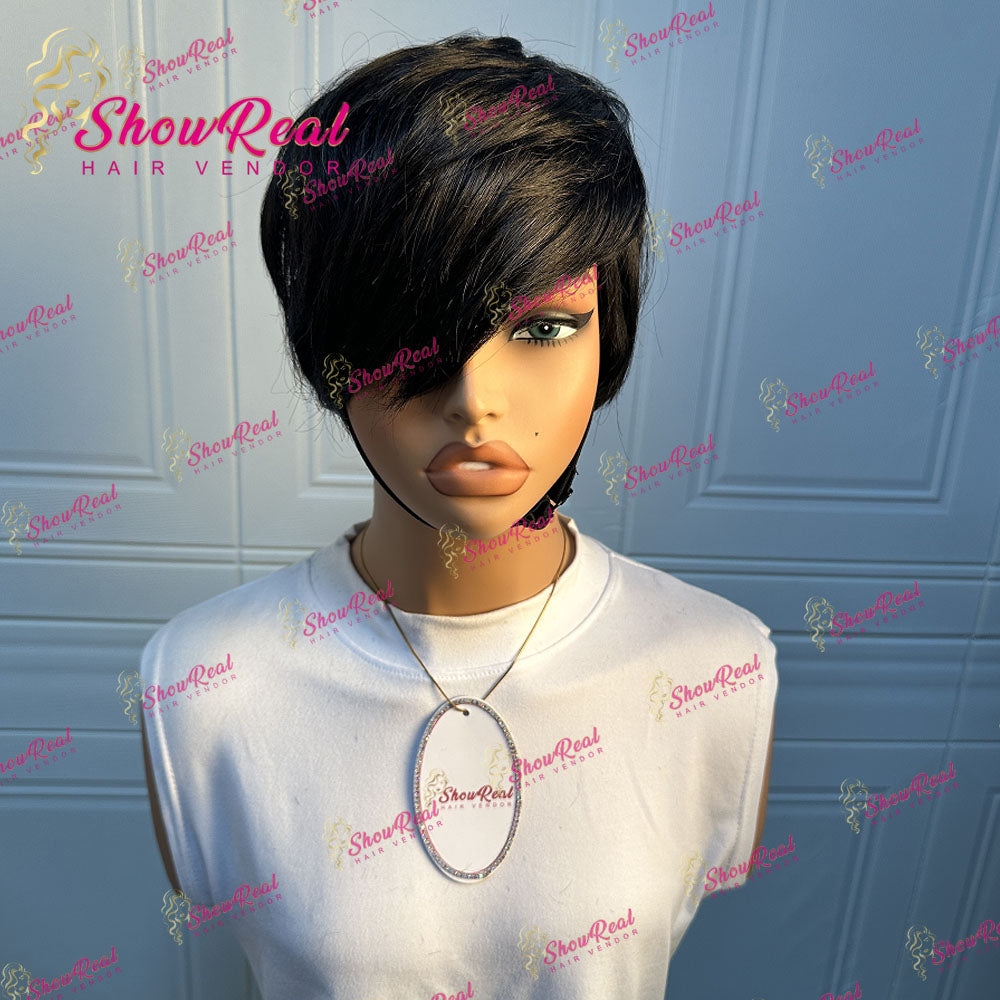 ShowRealHair Kelly Cut Pixie Cut Wig Salon Style Kelly cut Wigs for Black Women Human Hair Pixie Cut Short Bob Wig Human Hair None Lace Front Wigs with Bangs Glueless Full Machine Made Wig（0509-1B）