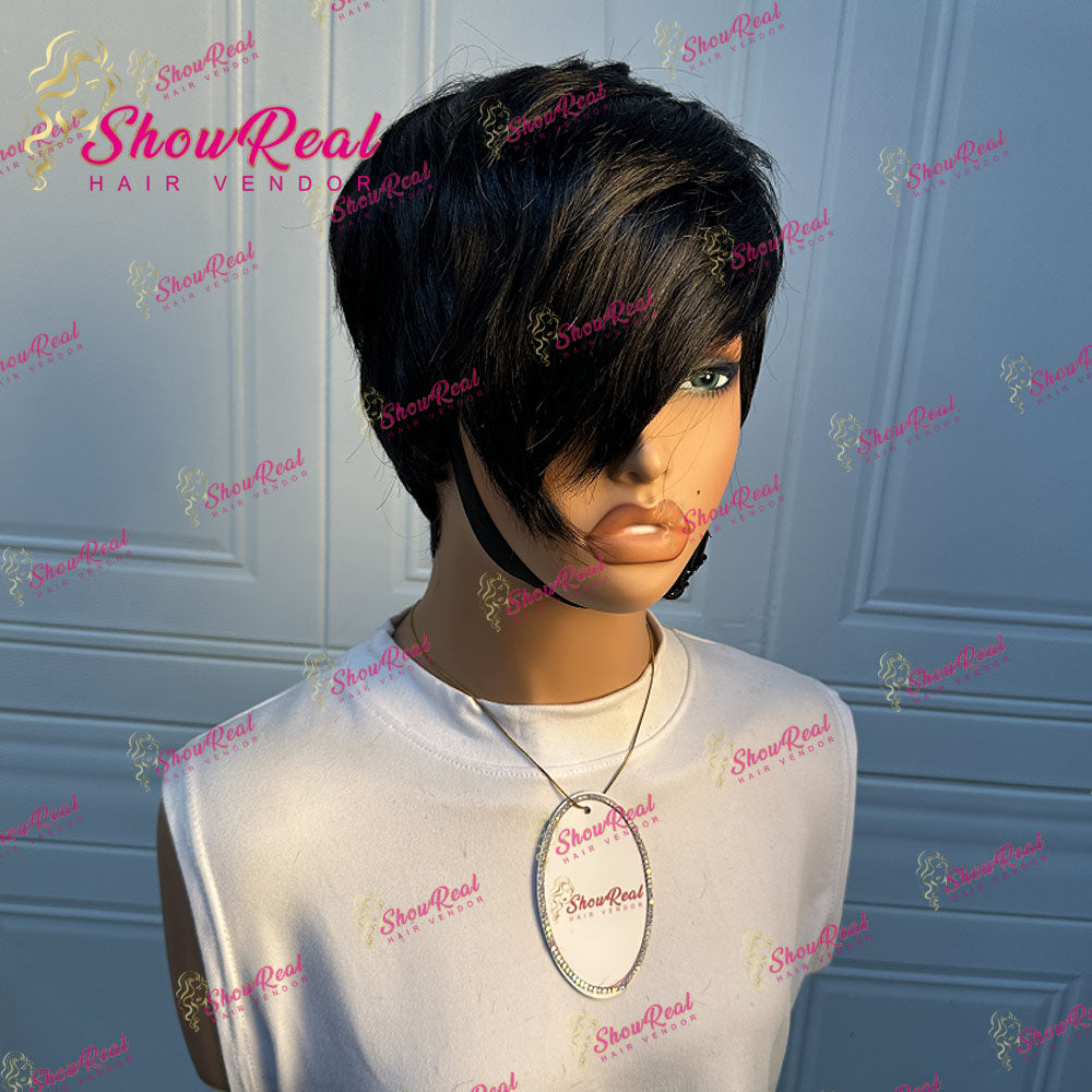 ShowRealHair Kelly Cut Pixie Cut Wig Salon Style Kelly cut Wigs for Black Women Human Hair Pixie Cut Short Bob Wig Human Hair None Lace Front Wigs with Bangs Glueless Full Machine Made Wig（0509-1B）
