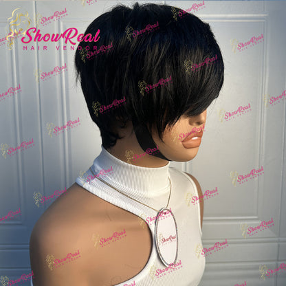 ShowRealHair Kelly Cut Pixie Cut Wig Salon Style Kelly cut Wigs for Black Women Human Hair Pixie Cut Short Bob Wig Human Hair None Lace Front Wigs with Bangs Glueless Full Machine Made Wig（0509-1B）