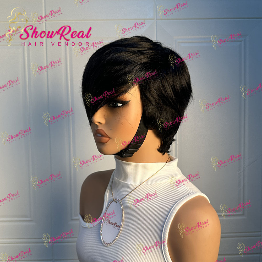 ShowRealHair Kelly Cut Pixie Cut Wig Salon Style Kelly cut Wigs for Black Women Human Hair Pixie Cut Short Bob Wig Human Hair None Lace Front Wigs with Bangs Glueless Full Machine Made Wig（0509-1B）