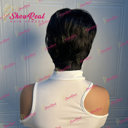ShowRealHair Kelly Cut Pixie Cut Wig Salon Style Kelly cut Wigs for Black Women Human Hair Pixie Cut Short Bob Wig Human Hair None Lace Front Wigs with Bangs Glueless Full Machine Made Wig（0509-1B）