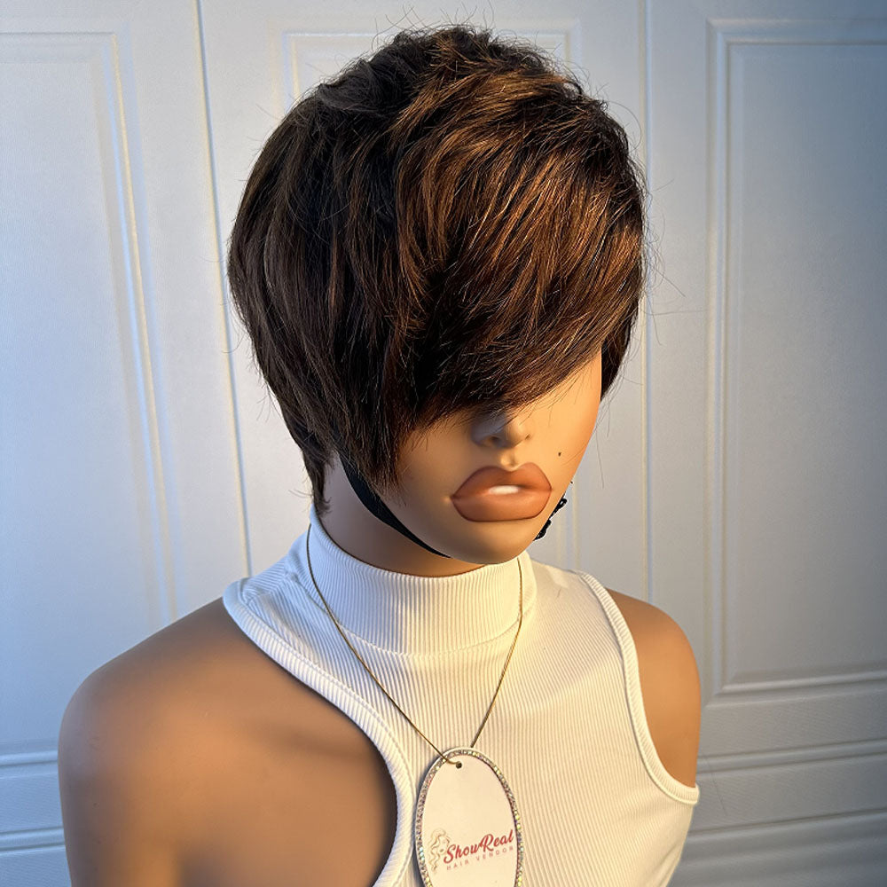 ShowRealHair Kelly Cut Pixie Cut Wig Salon Style Kelly cut Wigs for Black Women Human Hair Pixie Cut Short Bob Wig Human Hair None Lace Front Wigs with Bangs Glueless Full Machine Made Wig（0509-1B）