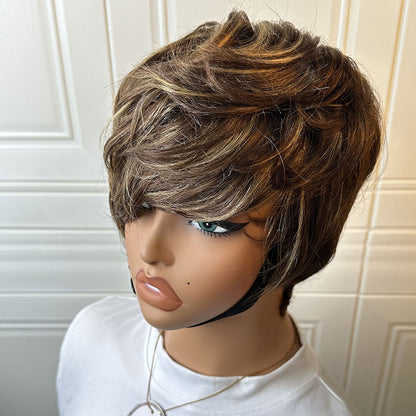 ShowRealHair Kelly Cut Pixie Cut Wig Salon Style Kelly cut Wigs for Black Women Human Hair Pixie Cut Short Bob Wig Human Hair None Lace Front Wigs with Bangs Glueless Full Machine Made Wig（0509-1B）