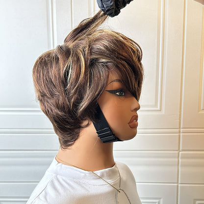ShowRealHair Kelly Cut Pixie Cut Wig Salon Style Kelly cut Wigs for Black Women Human Hair Pixie Cut Short Bob Wig Human Hair None Lace Front Wigs with Bangs Glueless Full Machine Made Wig（0509-1B）