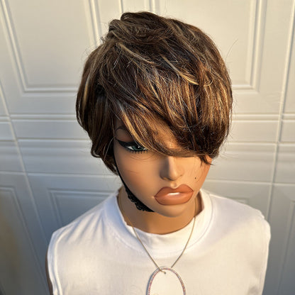ShowRealHair Kelly Cut Pixie Cut Wig Salon Style Kelly cut Wigs for Black Women Human Hair Pixie Cut Short Bob Wig Human Hair None Lace Front Wigs with Bangs Glueless Full Machine Made Wig（0509-1B）