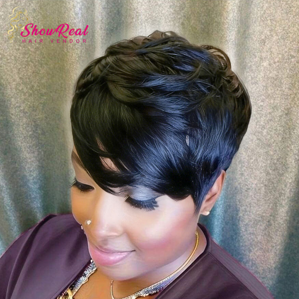 ShowReal Hair Short Pixie Cut Wig Human Hair 1B Colored Wig (0517-#1B)