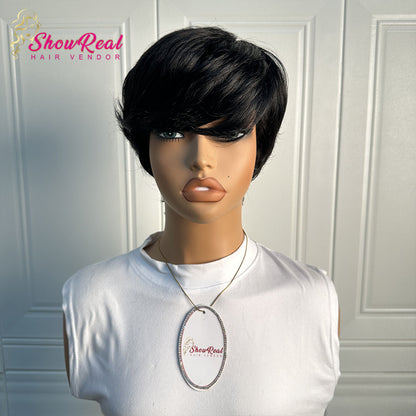 ShowReal Hair Short Pixie Cut Wig Human Hair 1B Colored Wig (0517-#1B)