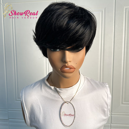 ShowReal Hair Short Pixie Cut Wig Human Hair 1B Colored Wig (0517-#1B)