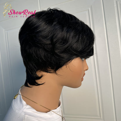 ShowReal Hair Short Pixie Cut Wig Human Hair 1B Colored Wig (0517-#1B)