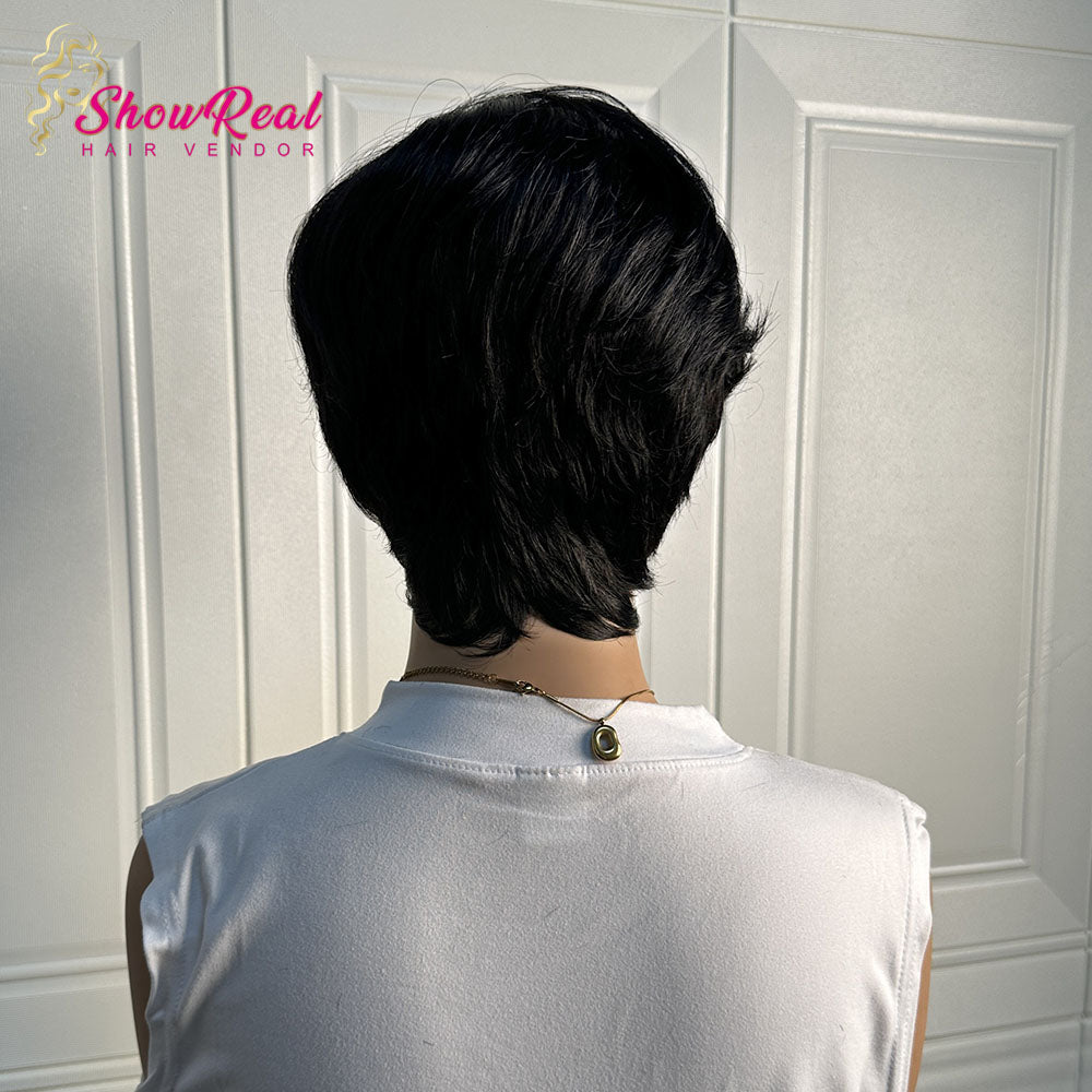 ShowReal Hair Short Pixie Cut Wig Human Hair 1B Colored Wig (0517-#1B)