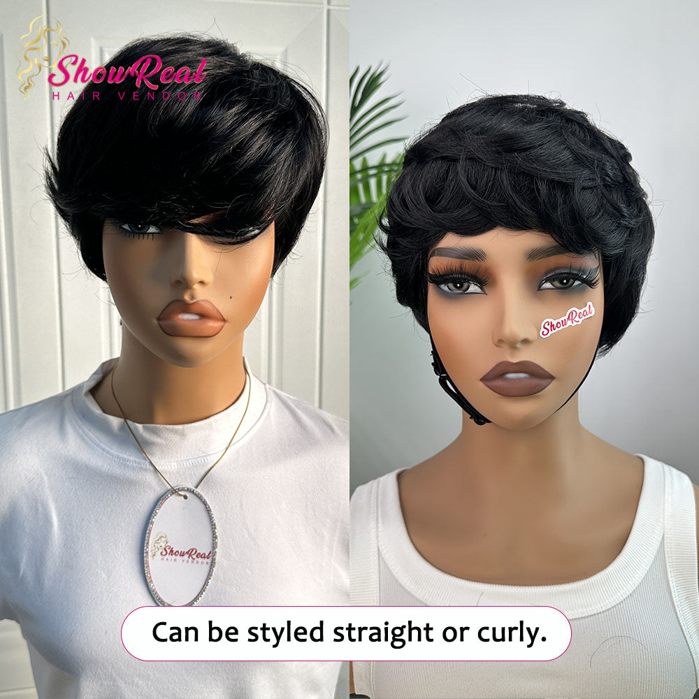 ShowReal Hair Short Pixie Cut Wig Human Hair 1B Colored Wig (0517-#1B)