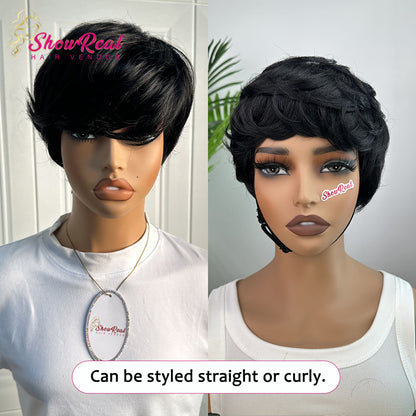 ShowReal Hair Short Pixie Cut Wig Human Hair 1B Colored Wig (0517-#1B)