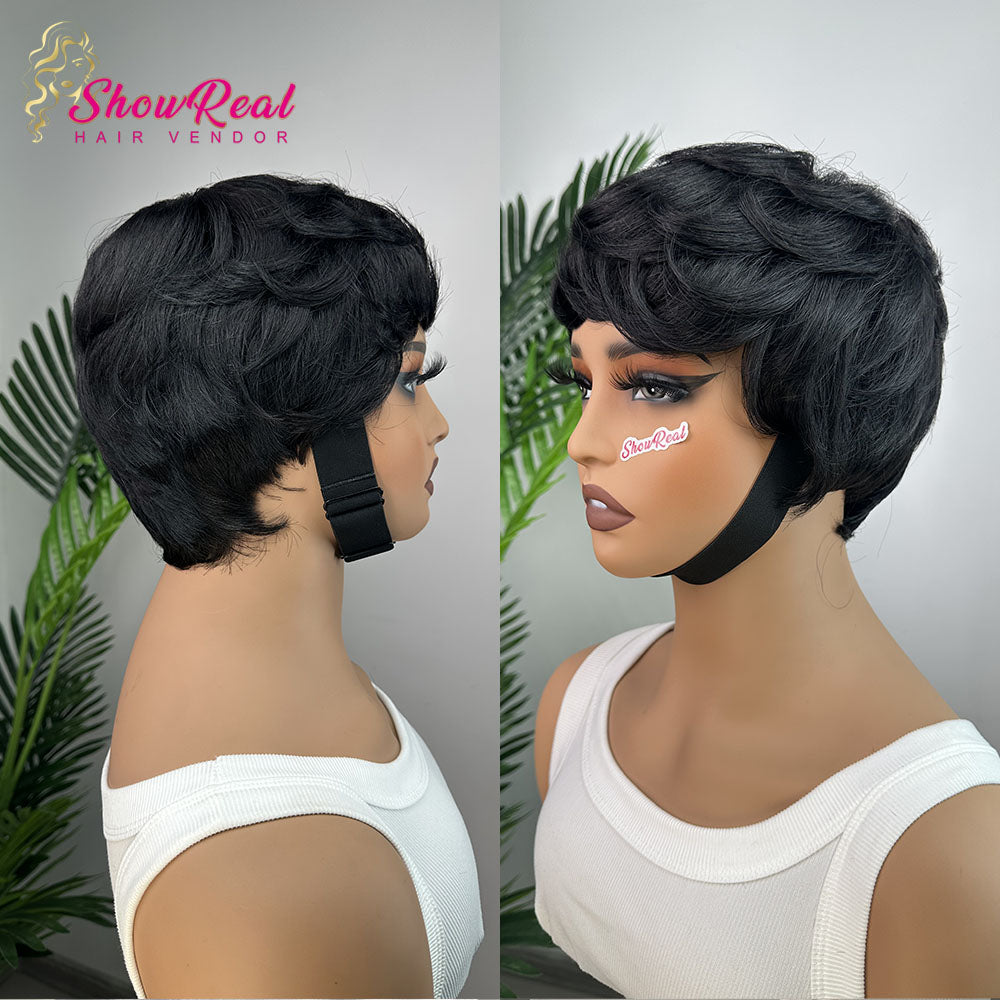 ShowReal Hair Short Pixie Cut Wig Human Hair 1B Colored Wig (0517-#1B)