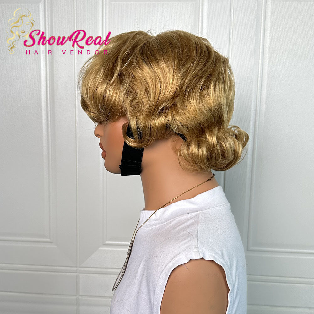 ShowReal  Pixie Wig With Flip Tail Bangs Human Hair Short Wig For Women Trendy For Women Daily Use (0525-27)