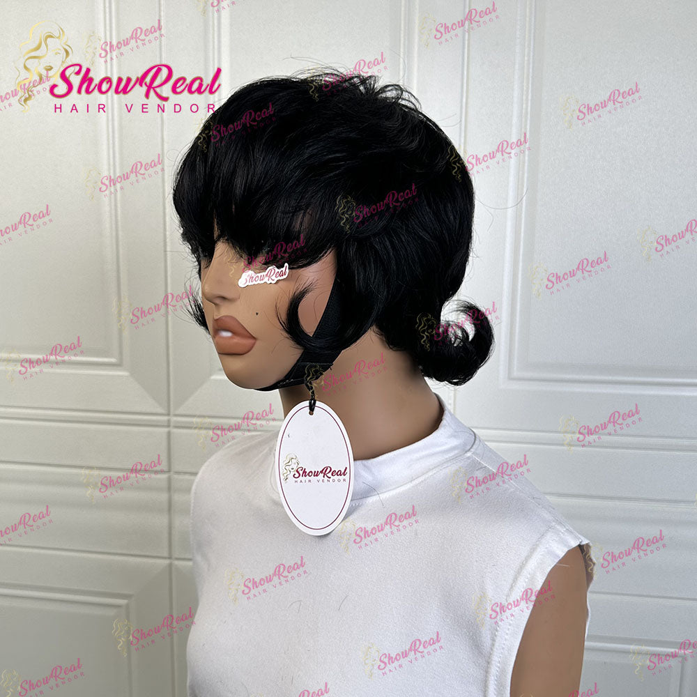 Shaggy Wolf Cut Wig with Bangs  Short Flip Tail Pixie Human Hair Wig Natural Black For Women Daily Use (0525-1B)