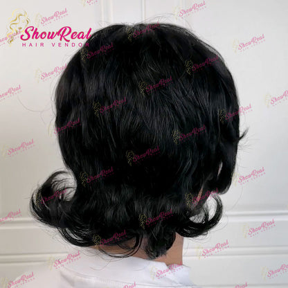 Shaggy Wolf Cut Wig with Bangs  Short Flip Tail Pixie Human Hair Wig Natural Black For Women Daily Use (0525-1B)