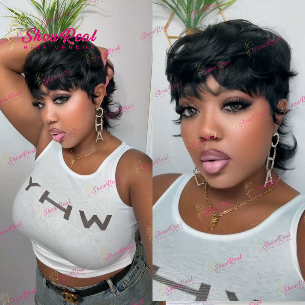 Shaggy Wolf Cut Wig with Bangs  Short Flip Tail Pixie Human Hair Wig Natural Black For Women Daily Use (0525-1B)