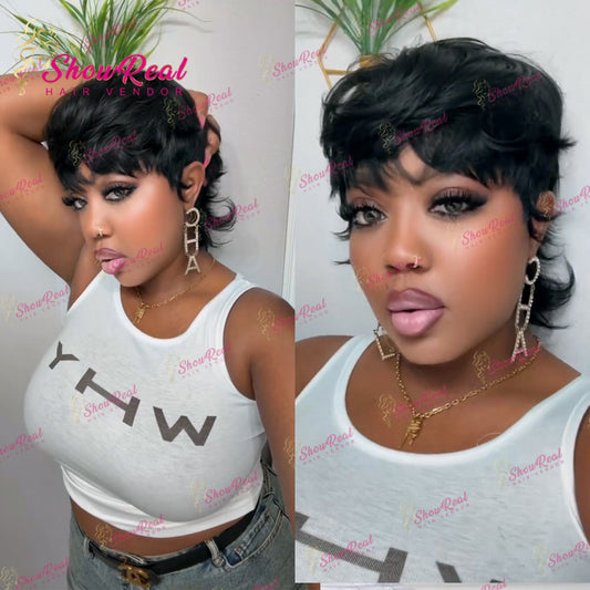 Shaggy Wolf Cut Wig with Bangs  Short Flip Tail Pixie Human Hair Wig Natural Black For Women Daily Use (0525-1B)
