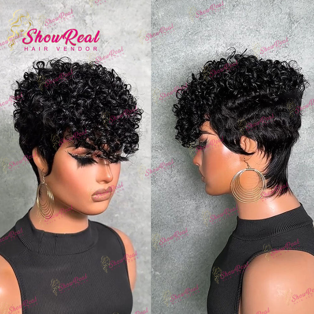 ShowReal Short Curly Pixie Human Hair Wig, Mixed Kinky Curly & Finger Wave Texture, Fashion Short Wigs For Black Women（0530-1B））