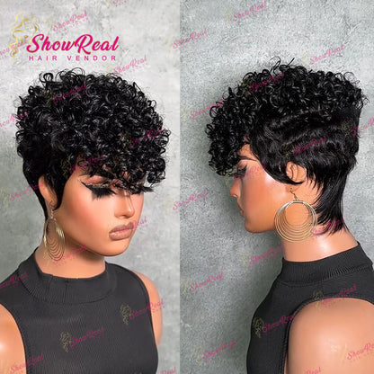 ShowReal Short Curly Pixie Human Hair Wig, Mixed Kinky Curly & Finger Wave Texture, Fashion Short Wigs For Black Women（0530-1B））