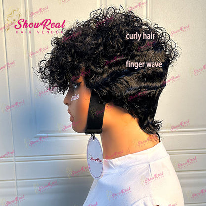 ShowReal Short Curly Pixie Human Hair Wig, Mixed Kinky Curly & Finger Wave Texture, Fashion Short Wigs For Black Women（0530-1B））