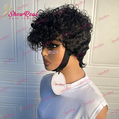 ShowReal Short Curly Pixie Human Hair Wig, Mixed Kinky Curly & Finger Wave Texture, Fashion Short Wigs For Black Women（0530-1B））