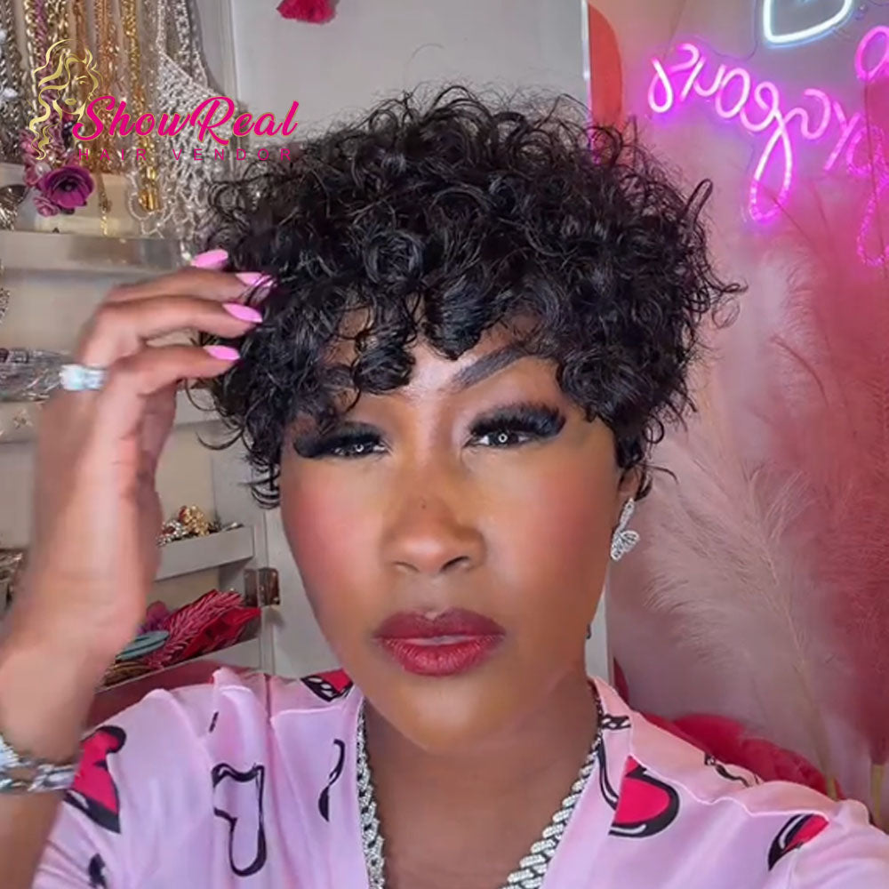 【KiKi Same】Short Curly Pixie Human Hair Wig, Mixed Kinky Curly & Finger Wave（0530-1B）