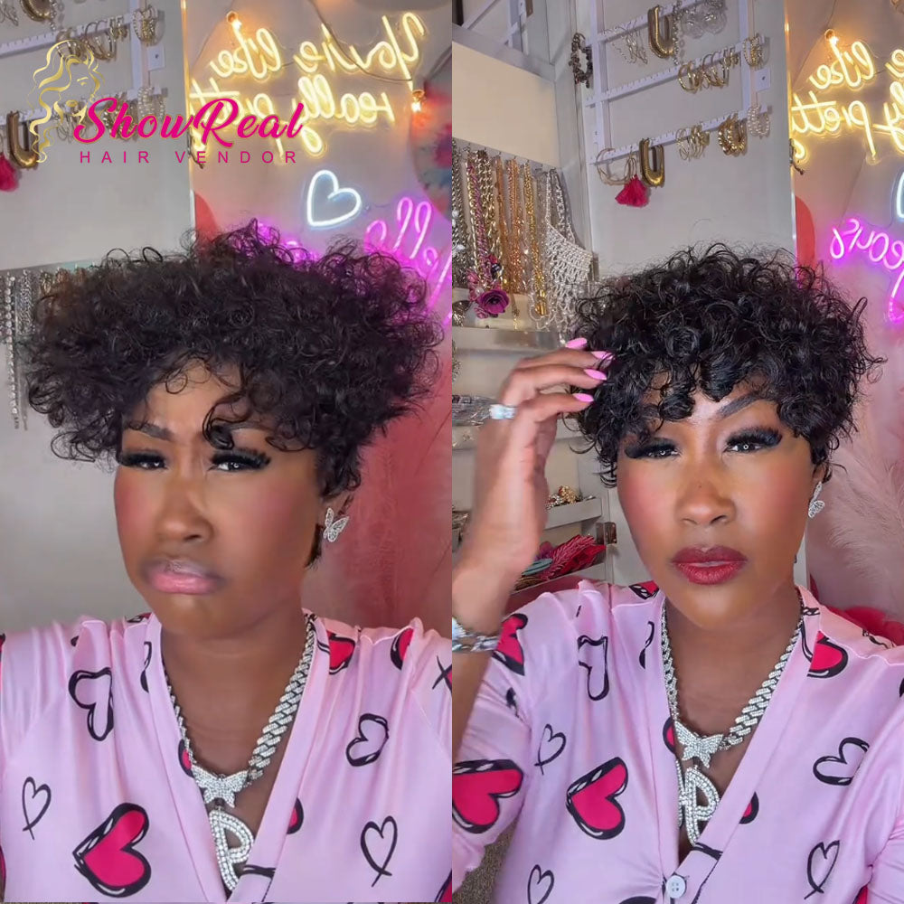 【KiKi Same】Short Curly Pixie Human Hair Wig, Mixed Kinky Curly & Finger Wave（0530-1B）