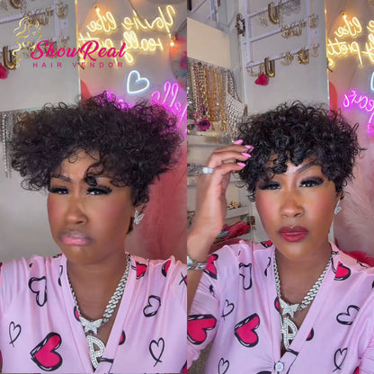【KiKi Same】Short Curly Pixie Human Hair Wig, Mixed Kinky Curly & Finger Wave（0530-1B）