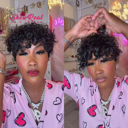 【KiKi Same】Short Curly Pixie Human Hair Wig, Mixed Kinky Curly & Finger Wave（0530-1B）