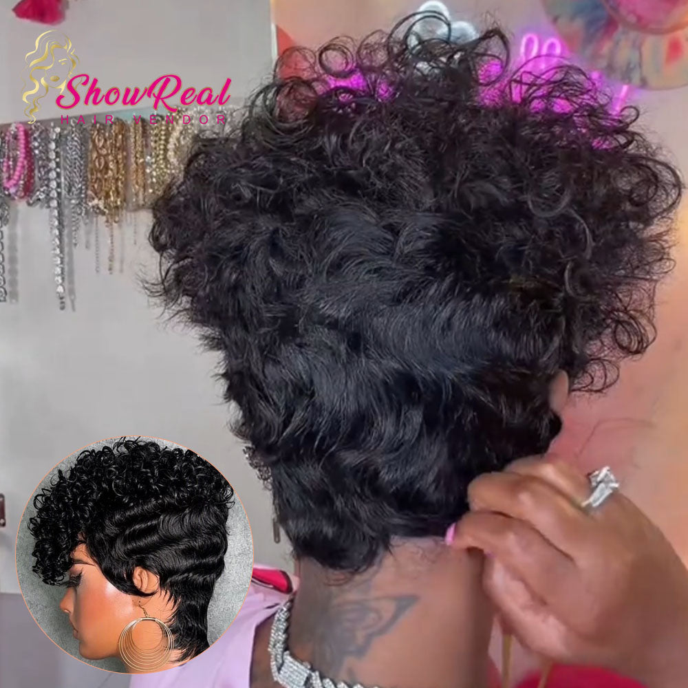 【KiKi Same】Short Curly Pixie Human Hair Wig, Mixed Kinky Curly & Finger Wave（0530-1B）