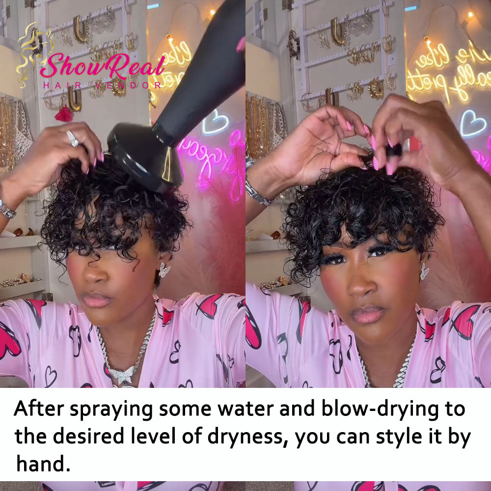 【KiKi Same】Short Curly Pixie Human Hair Wig, Mixed Kinky Curly & Finger Wave（0530-1B）